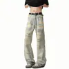 Calça jeans falsa rasgada com estampa tie-dye para homens, estilo retrô americano, moda streetwear tendência, calça de perna reta que emagrece com um leve flare
