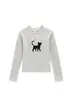 Camiseta de mujer de color albaricoque, cuello redondo, hombros normales, manga larga, nuevo estilo primavera y otoño, estampado de gatito de dibujos animados, top juvenil y versátil de corte ajustado