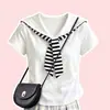 Conjunto Informal de Dos Piezas para Niña Verano 2026 Camiseta de Manga Corta con Cuello Azul Marino Estilo Coreano Pantalones de Pierna Ancha a Cuadros