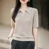 Nuevo Top de Punto Suelto de Manga Corta con Cuello Polo de Tencel y Lino para Mujer Primavera/Verano Talla Grande