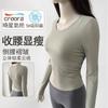 Ropa de Yoga Otoñal Acanalada Yoga Desnudo Top Deportivo de Cuello Redondo Ajustado con Pliegues para Mujer Fitness Manga Larga con Cubre Dedos