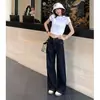 Jeans largo estilo retrô americano azul escuro para mulheres, novo estilo primavera e outono 2026, cintura alta, modelador, solto, calça reta de comprimento total