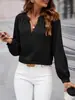 Bestseller Transfronteiriço Europeu e Americano Elegante Camisa Feminina Gola Meio Aberta Cor Sólida Solta Manga Longa Nicho Simples Versátil Top