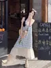 Estilo Nuevo de Verano Estilo Suave Pequeño Fresco Cuadros Delgado Falso Dos Piezas Vestido con Tirantes Diseño de Nicho para Mujer Falda Larga