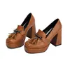Zapatos de Mujer Estilo Nuevo 2026 con Borlas y Costuras Transfronterizas, Plataforma de Tacón Grueso, Talla Grande, Slip-On, Zapatos de Tacón Alto de Moda para Mujer