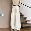 Pantalones casuales de lino con pliegues de otoño de corte curvo para hombre, estilo 'old money' moderno, pantalones anchos holgados estilo americano