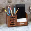 Portalápices de Madera Adornos de Escritorio Ranura para Bolígrafos Dividida Simple Almacenamiento para Teléfono Móvil Portatarjetas Caja de Almacenamiento de Madera Maciza
