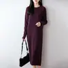 Suéter de lana 100% para mujer de otoño e invierno, de longitud media, hasta la rodilla, cuello redondo, vestido de punto trenzado holgado de moda