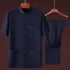 Camisa de manga corta de verano para hombres de mediana edad y mayores con cuello mao, conjunto fino de dos piezas para papá, camisa versátil