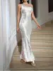 Vestido de Noche Largo con Lentejuelas de un Solo Hombro Transfronterizo de Amazon para Mujer, Ajustado de Cola de Pez con Abertura, Vestido de Banquete de Lujo Ligero con Cola