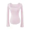 Estilo Deseo Puro Sexy Cuello Cuadrado Cintura de Hormiga Manga Acampanada Color Sólido Camiseta Nueva de Primavera Ajuste Delgado Dobladillo Curvo Camiseta Básica