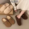 Em estoque~Sapatos de lã de cordeiro com sola grossa para mulheres, estilo Birkenstock de pelúcia, sem cadarço, forrados com fleece para aquecimento, chinelos de algodão femininos