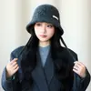 Sombrero de pescador de lana para mujer, engrosado para abrigar en otoño e invierno, hace que la cara se vea más pequeña, adecuado para cabezas de mayor tamaño, diseño versátil de punto con cordones