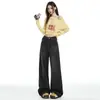 Jeans Preto Wide-Leg com Forro de Lã Estilo Retrô Americano para Mulheres, Outono e Inverno Espessado de Cintura Alta Solto Modelador para Baixinhas Calças Retas