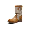 Botas de media caña estilo retro americano de cuero y lona patchwork con tacones gruesos y suelas gruesas, versátiles para el trayecto diario al aire libre, efecto adelgazante, botas de montar para mujer