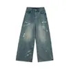Ropa para mujer de talla grande ALINDM, diseño de salpicaduras de tinta, estilo callejero retro, cintura alta, adelgazante, pantalones de pierna ancha, jeans rectos de otoño para mujer