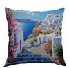 Casas Azuis e Brancas com Flores em uma Ilha Costeira, Fabricante de Fronhas de Verão Transfronteiriças Venda Direta, Fronhas Personalizáveis para Atacado