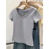 Al por mayor Transfronterizo Verano 210g 40 Unidades Hilo de Algodón Cuello en V Hombro Derecho Ajustado Manga Corta Camiseta Mujer Talla Grande Top