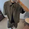 Camisa de Verano Retro Americana Hueca Color Verde Aire Transpirable para Vacaciones Manga Corta para Hombre, Chaqueta Superior Holgada Casual Estilo Vintage