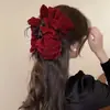 2026 Nuevo Estilo Pinza para el Cabello con Lazo Grande de Terciopelo Rojo, Accesorio para el Cabello para Niñas, Tocado de Princesa Nupcial de Borla de Alta Gama