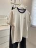 Camiseta de Manga Corta con Cuello Redondo y Bloques de Color con Bordado de Elefante Pequeño para Mujer, Estilo Coreano Versátil Adelgazante Petite Casual Camiseta Top para Mujer Verano