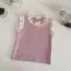 Estilo Ins Verão Bebê Doce Renda Manga Curta Camiseta Colete para Meninas com Gola de Renda e Design Canelado Fino