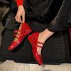 Sapatos Mary Jane Confortáveis de Couro Patente com Salto Cuña Duplo e Fechamento Cruzado, Bico Quadrado, Salto Médio, Camada Única, para Mulheres, Coleção Primavera 2025