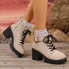 2025 Novas Botas Martin de Inverno de Tamanho Grande para Comércio Exterior Transfronteiriço com Fivela de Cadarço e Acabamento em Renda, Botas Martin de Salto Grosso Estilo Britânico