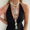 Collar con Colgante Exagerado de Metal Lava Forma de Y Transfronterizo Europeo y Americano para Mujer, Moderno Accesorio de Cuello en Capas con Perlas de Imitación Estilo Ins