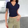 M23TP759 Roupas femininas europeias e americanas 2024 Amazon nova cor sólida decote em V slim-fit camisa de manga curta umbigo camiseta atacado