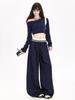 Ropa de Mujer de Seda Naranja # Pantalones Casuales de Pierna Ancha Empalmados con Doble Cintura, Diseño de Cintura Alta, Holgado y Relajado, con Efecto de Caída y Corte Curvo hasta el Suelo.