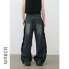 Jeans de pierna ancha con lavado de borde crudo en mezclilla Nirben para hombre, nueva marca de moda, costuras deshilachadas, pantalones rectos holgados