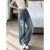Jeans vintage de talla grande con rotos y dobladillo curvo para mujer, al por mayor, en stock, pantalones rectos de pierna ancha, holgados, de cintura alta, para adelgazar, de verano