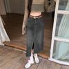Saia jeans dividida feminina cintura alta solta emagrecimento figura de pêra primavera e outono nova saia retrô linha A comprimento médio