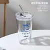 Vaso de vidrio estilo Ins, vaso de agua de alta estética, taza de café, vaso de vidrio con popote e impresión de letras, para uso doméstico, leche, desayuno