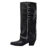 Botas de montaria femininas Ruth's style de couro com fivela e bico fino, que aumentam a altura, afinam a silhueta, de perna larga, com salto grosso, botas longas com zíper lateral