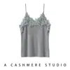 Nova camisola de malha sexy com renda e cashmere emendados para outono e inverno, colete suéter macio e aconchegante com decote em V para mulheres