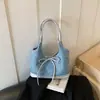 Bolsa de Axila Jeans Azul Simples Estilo Coreano Decoração de Laço de Tecido Bolsa Tote Mãe-Filho Bolsa de Ombro para Armazenamento Diário