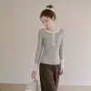 Camiseta de Manga Larga a Rayas con Media Cremallera Estilo BF Americano para Mujer, Primavera/Otoño, Sensación de Alta Gama, Bloques de Color, Top Base Adelgazante