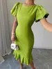 Moda Femenina 2025 Ins Influencer Cuello Redondo Mangas de Linterna Volantes Sexy Elegante Vestido de Cola de Pez Vacaciones en el Sudeste Asiático