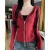 Sudadera con Capucha Estilo Americano Gris Claro para Mujer Otoño 2026 Nueva Color Sólido Corte Delgado Favorecedora Cremallera Cárdigan Superior