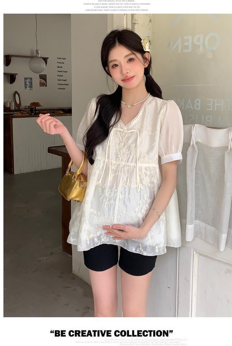 新中式孕妇套装宽松绣花雪纺衫托腹裤两件套