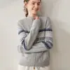 Jaqueta Suéter Tricotada Grossa com Gola Alta Estilo Europeu Jacquard Fair Isle Outono 2025 Cardigã de Cashmere com Zíper para Mulheres