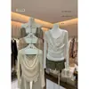 AS OFICIAL Outono Feminina Estilo Francês Alça Perolada com Strass Costurada Gola Drop Falsa Duas Peças Blusa Cintura Marcada 28916