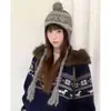 Gorro de Lana de Punto Color Café Estilo Fair Isle para Otoño e Invierno, Circunferencia de Cabeza Grande, Gorro Lei Feng, Cálido Versátil que Protege las Orejas