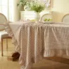 Mantel de cuadros de algodón puro engrosado con volantes de color liso, forma rectangular, superventas de Amazon, mantel de tacto de lujo ligero y de alta gama