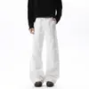 Jeans de microcampana bordados de puntada estrecha de cuatro líneas para hombre, otoño, retro americano, mezclilla, negro crudo, rectos, casuales.