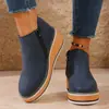 Outono e Inverno Novas Botas Curtas Comércio Exterior Transfronteiriço Tamanho Grande Sapatos Femininos Europeus e Americanos Bico Redondo Sola Grossa Salto Anabela Zíper Lateral Botas Casuais