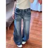 Jeans vintage estilo americano de perna larga para mulheres, novo design high-street, cintura alta, caimento solto, calça reta fluida de comprimento até o chão