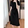 Ropa de Mujer de Comercio Exterior Toma Real Vestido Plisado con Cintura Ajustable, Vestido Camiseta Adelgazante de Longitud Media Tallas Grandes para Mujer